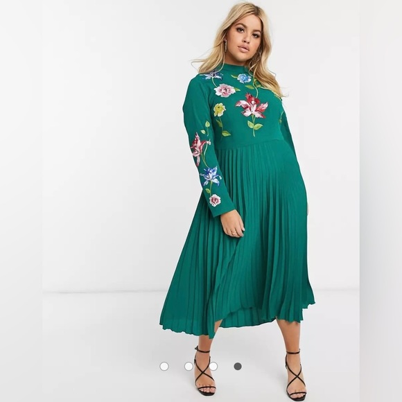 ASOS Dresses & Skirts - ASOS DESIGN Curve pleated embroidered midi dress in forest green women’s 18